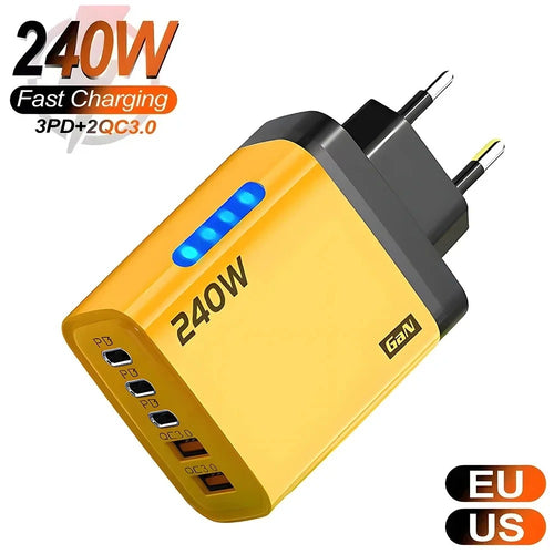 240W USB-C fast wall charger with 5 ports for iPhone and Samsung