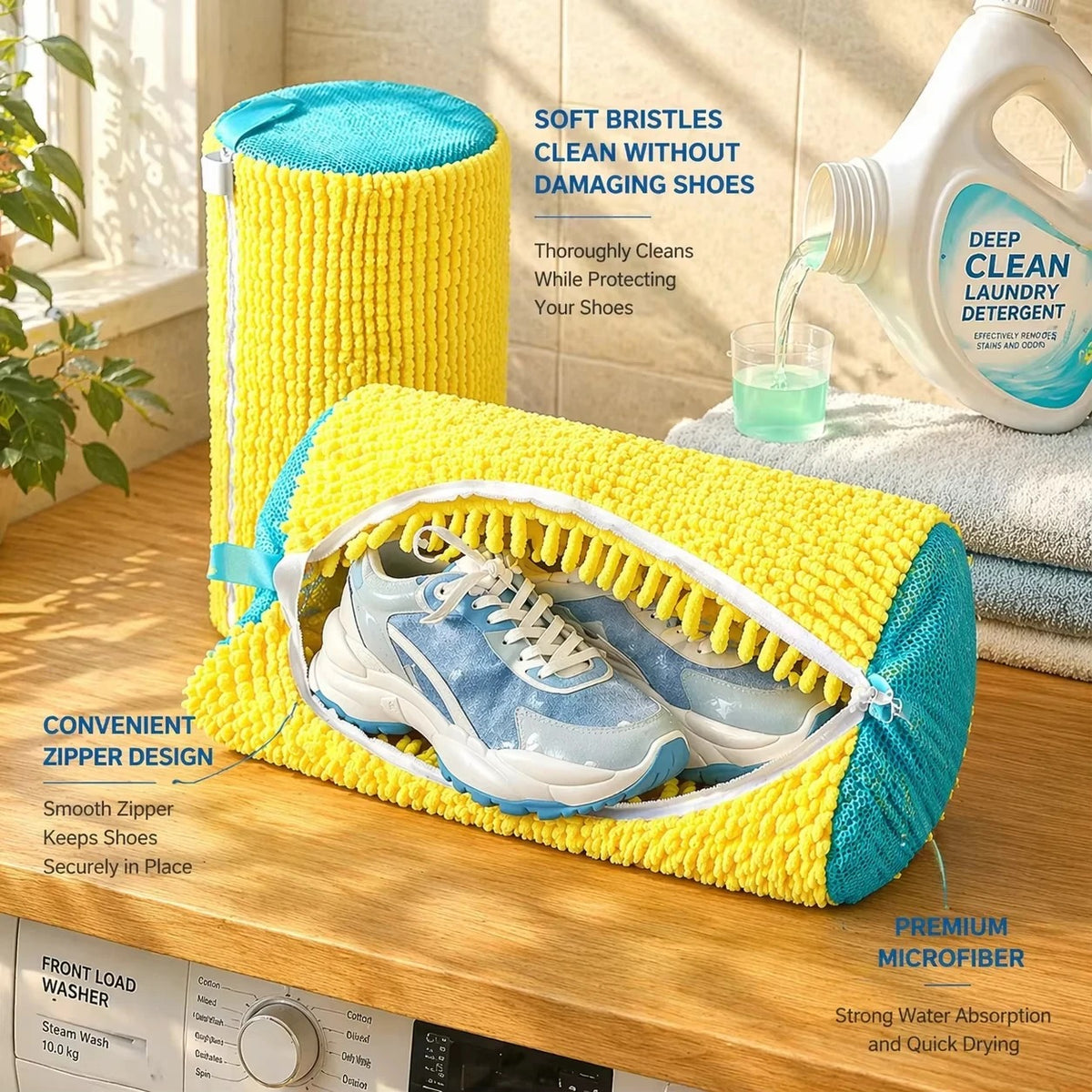 Yellow mesh laundry bag for washing shoes in washing machine