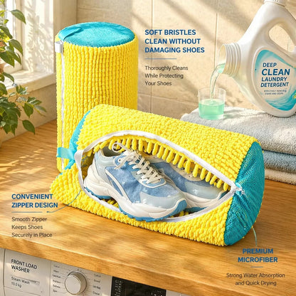 Yellow mesh laundry bag for washing shoes in washing machine