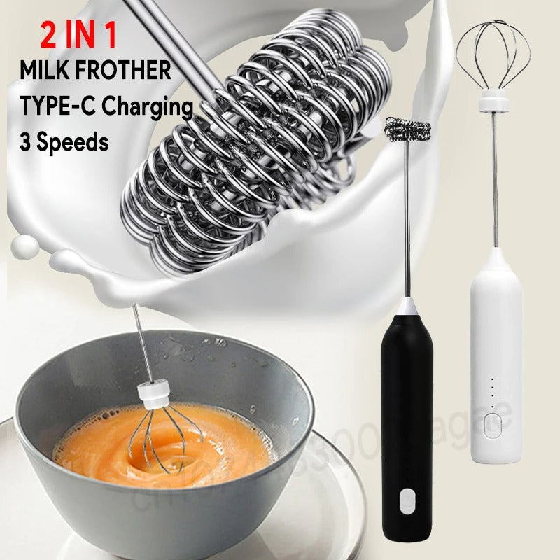 Handheld electric milk frother and egg beater with USB-C charging