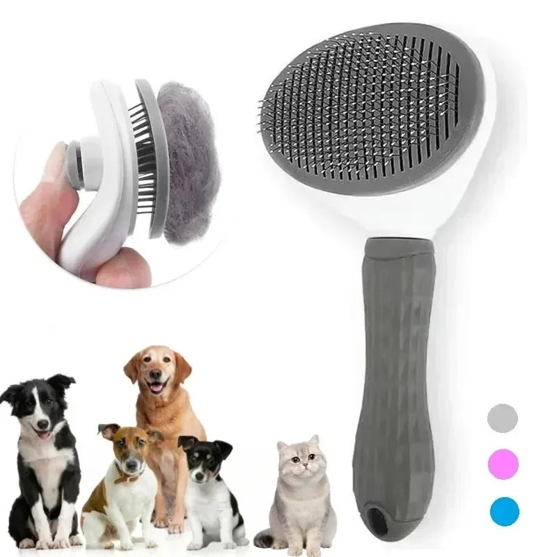 Self-cleaning pet grooming brush for dogs and cats