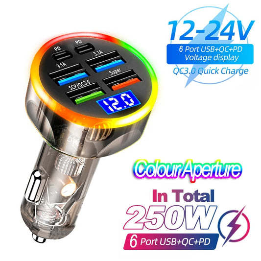 250W fast car charger 6 port PD USB adapter